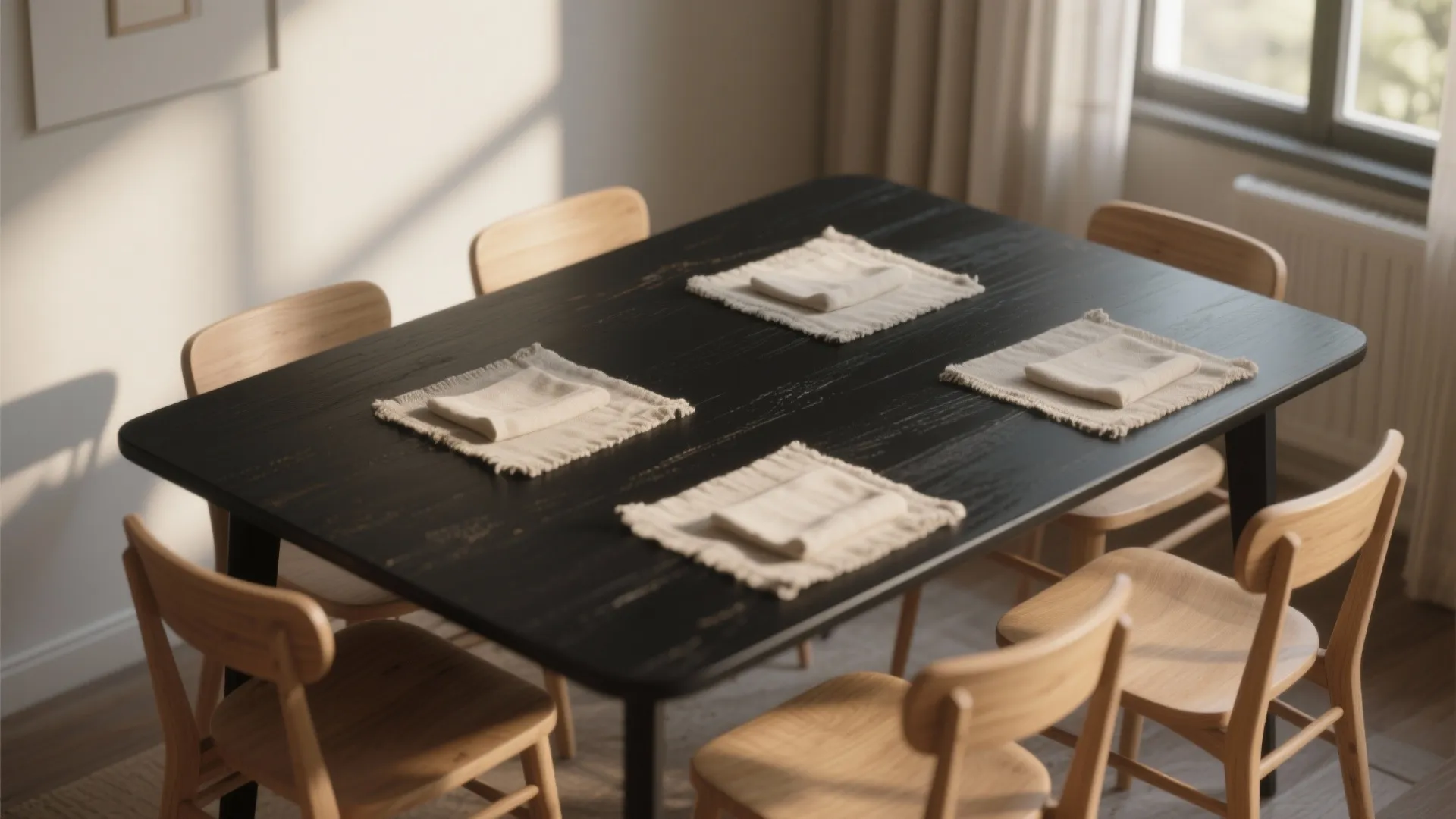 1. Matte black top + light wood chairs