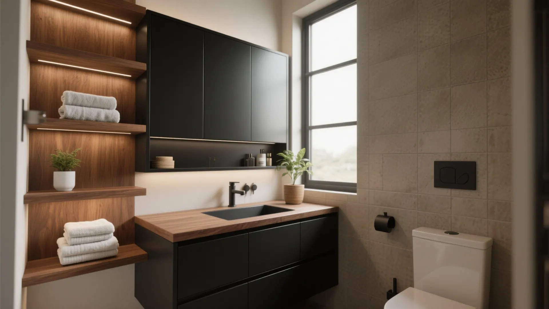 1. Matte black vanity with warm wood accents