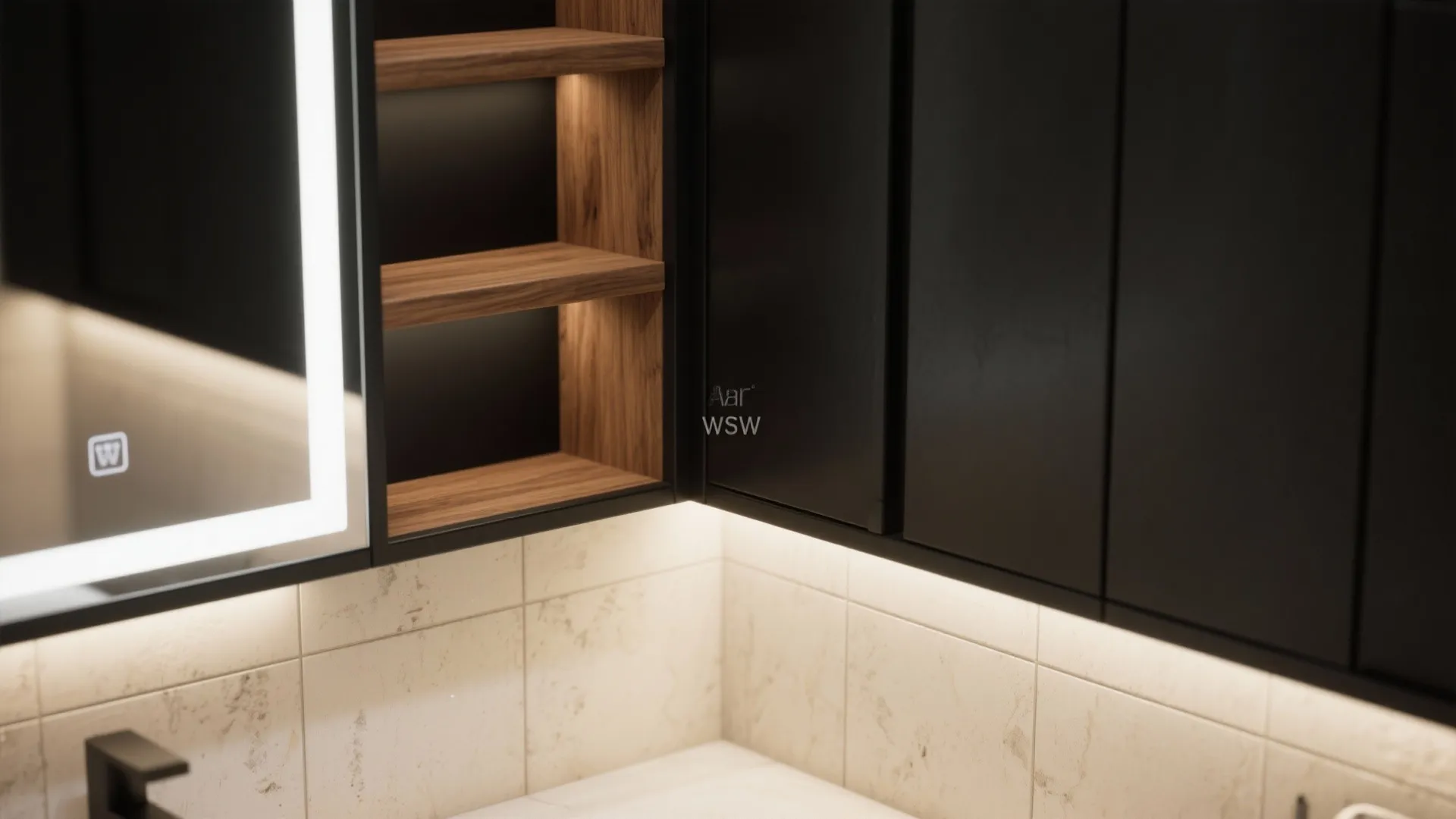 Close-up of a matte black vanity with warm oak shelving and textured wall tile.