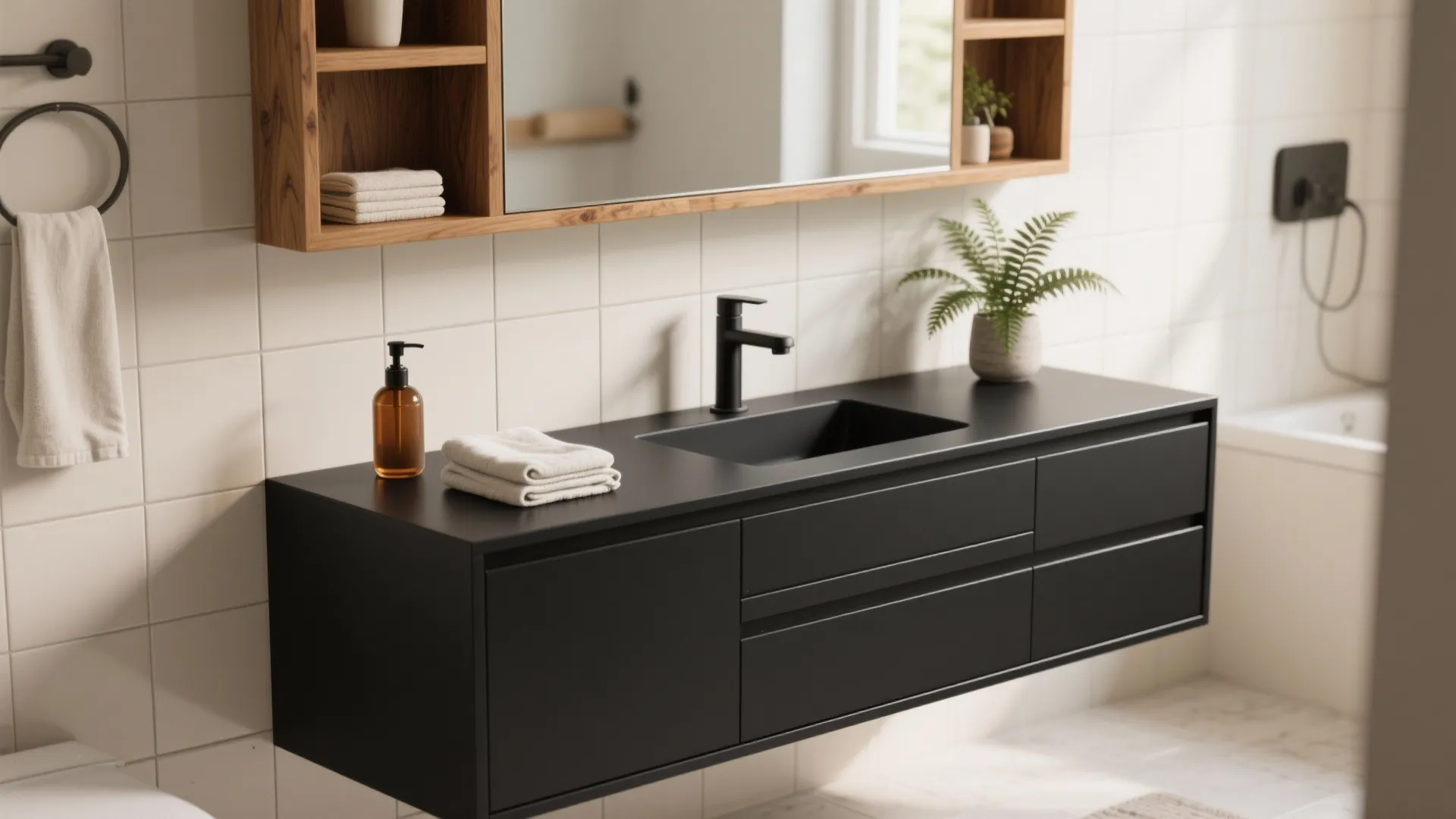 1. Matte black with warm wood accents