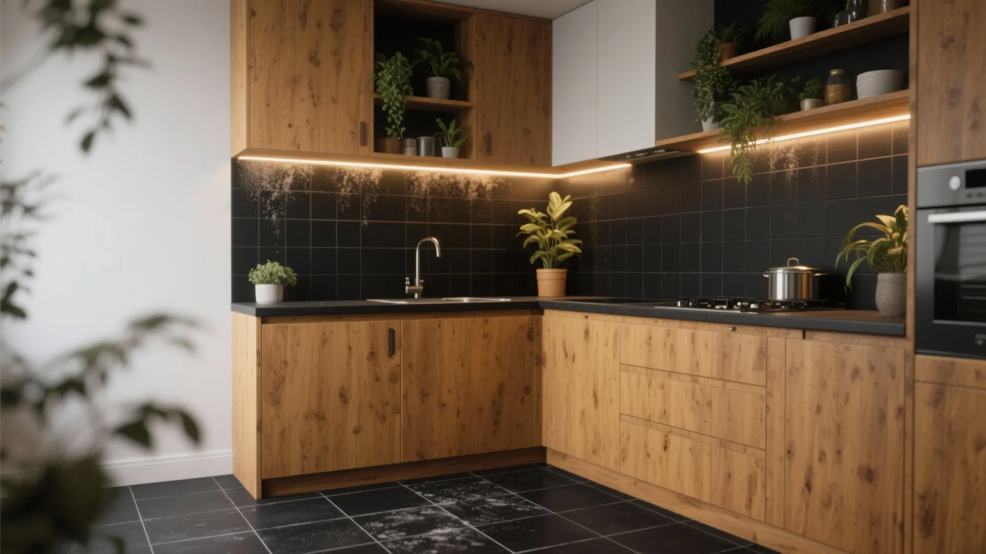 1. Matte black tiles with warm wood cabinets