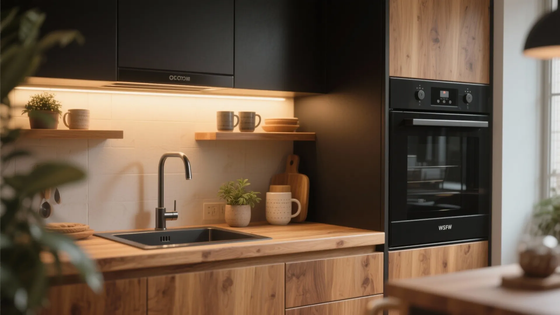 2. Matte Black and Wood Warmth