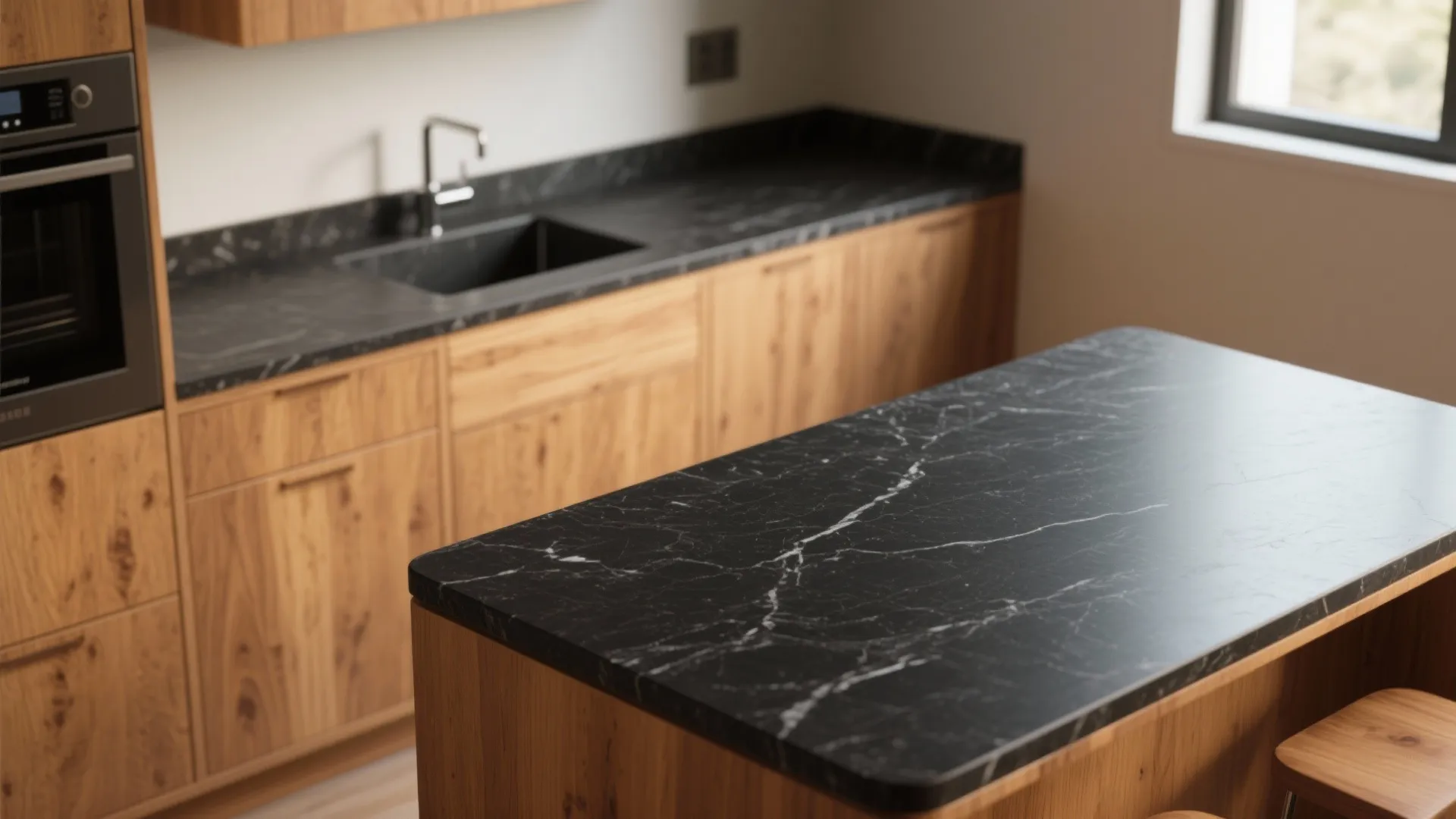 Kitchen interior design with wooden cabinets black marble countertops island sink and built-in oven appliances