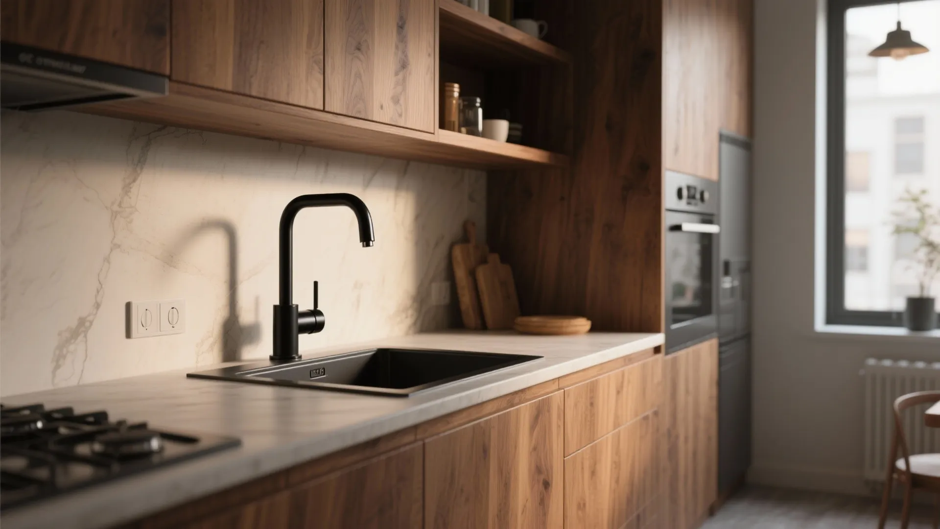 Kitchen with black faucet dark sink marble wall wooden cabinets and light from a window