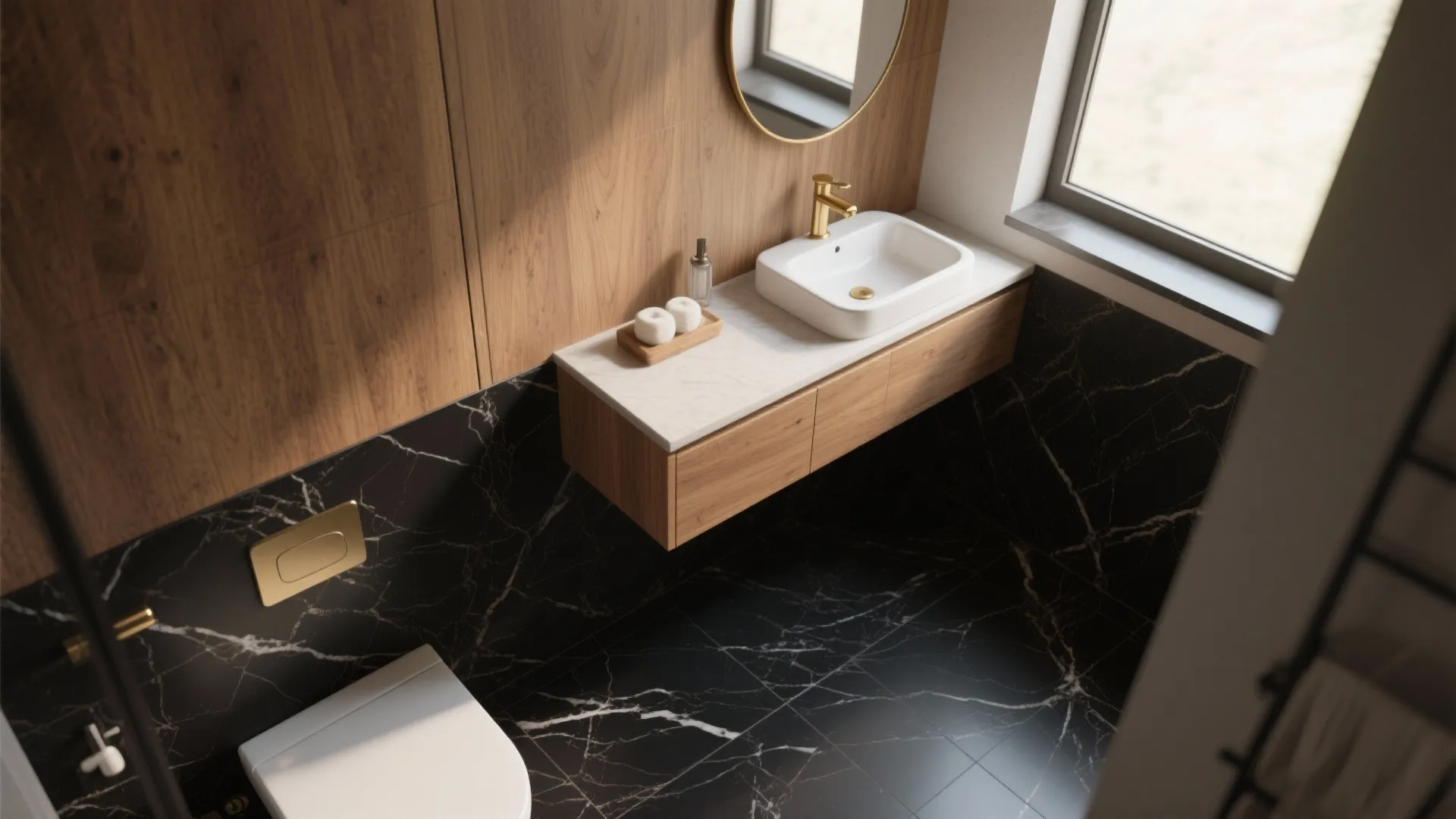 High angle bathroom view with wooden wall panels, black marble floor, white sink and faucet