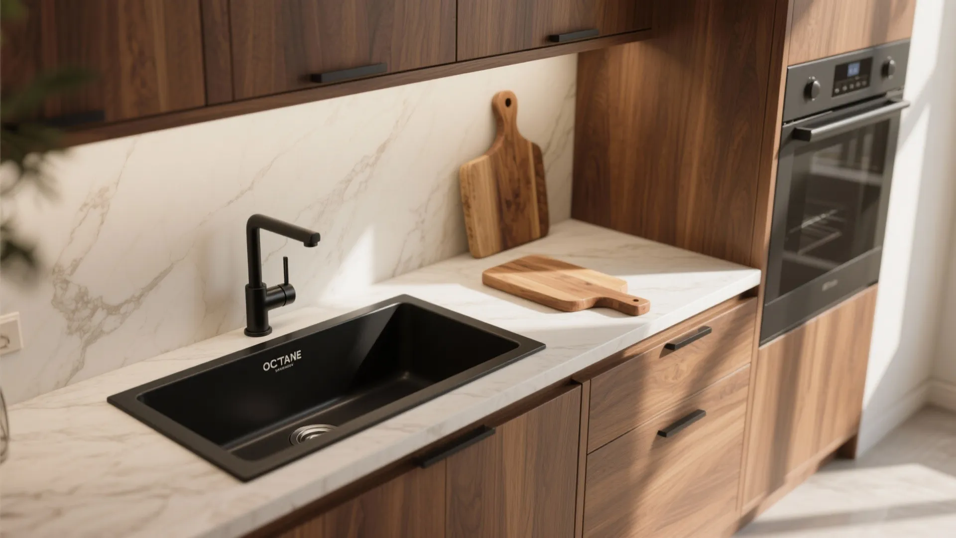 Kitchen interior with wooden cabinets marble countertop black sink black water tap and built-in oven