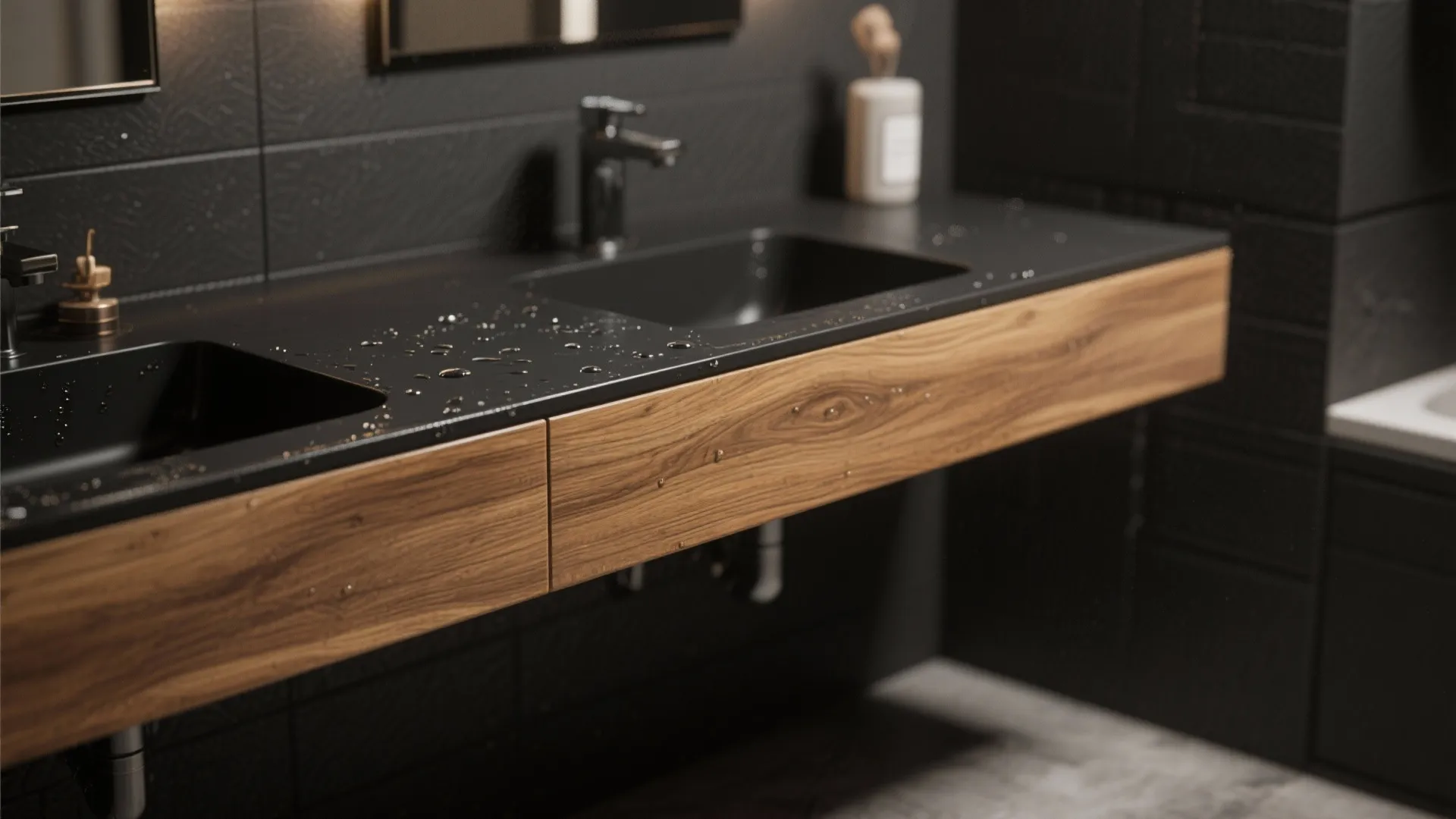 1. Matte black vanity with warm wood countertop