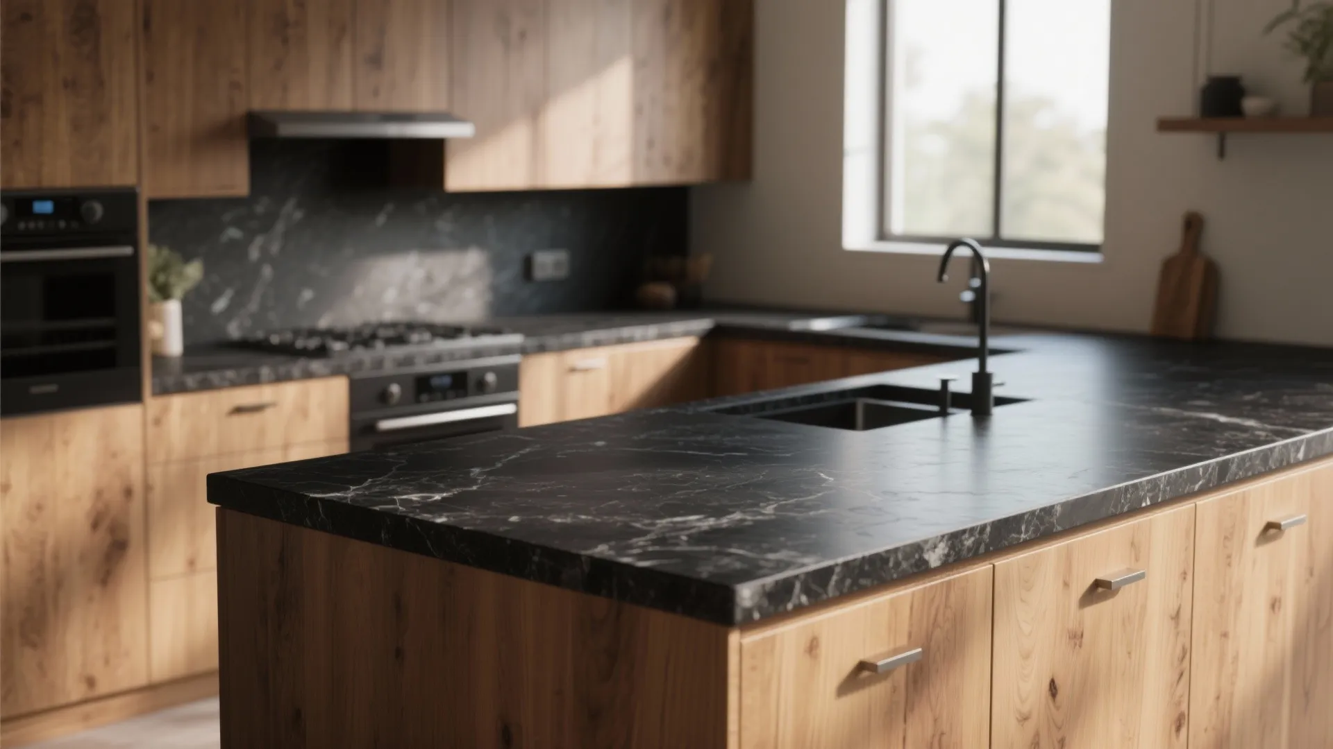 Close up of black marble kitchen island with sink, wooden cabinets, oven, and large window