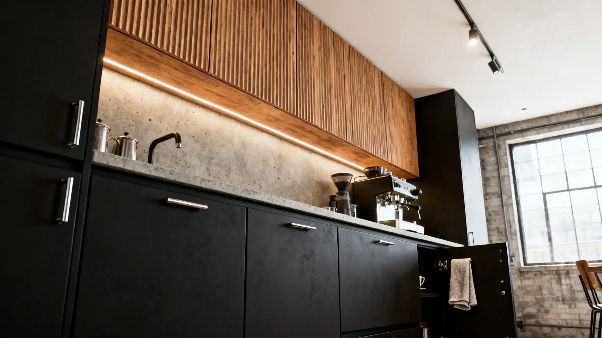 Loft kitchen with matte black bases, fluted oak uppers, and a concrete-look countertop.