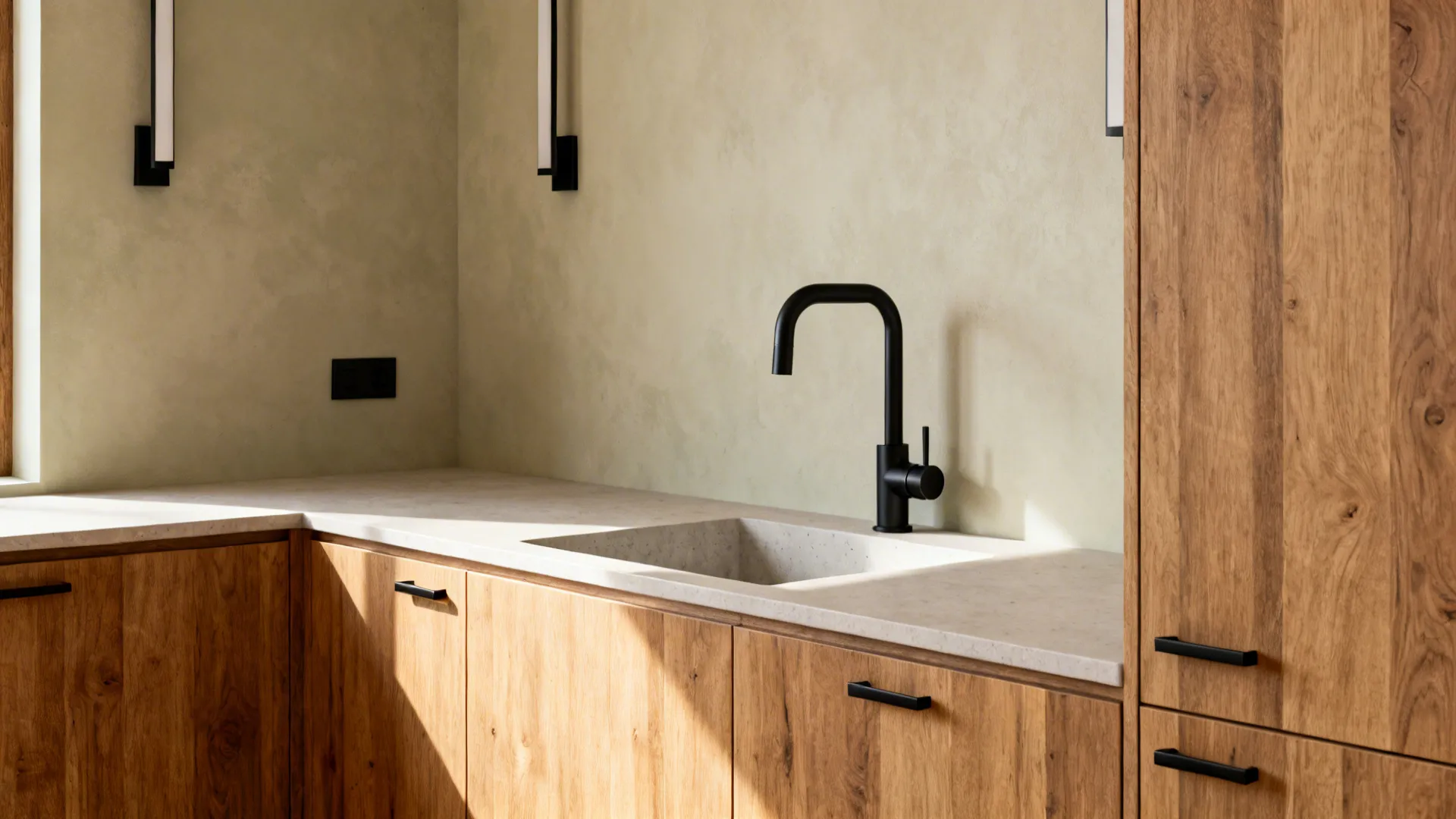 Matte black wall-mount faucet paired with warm oak cabinets and limewash wall.