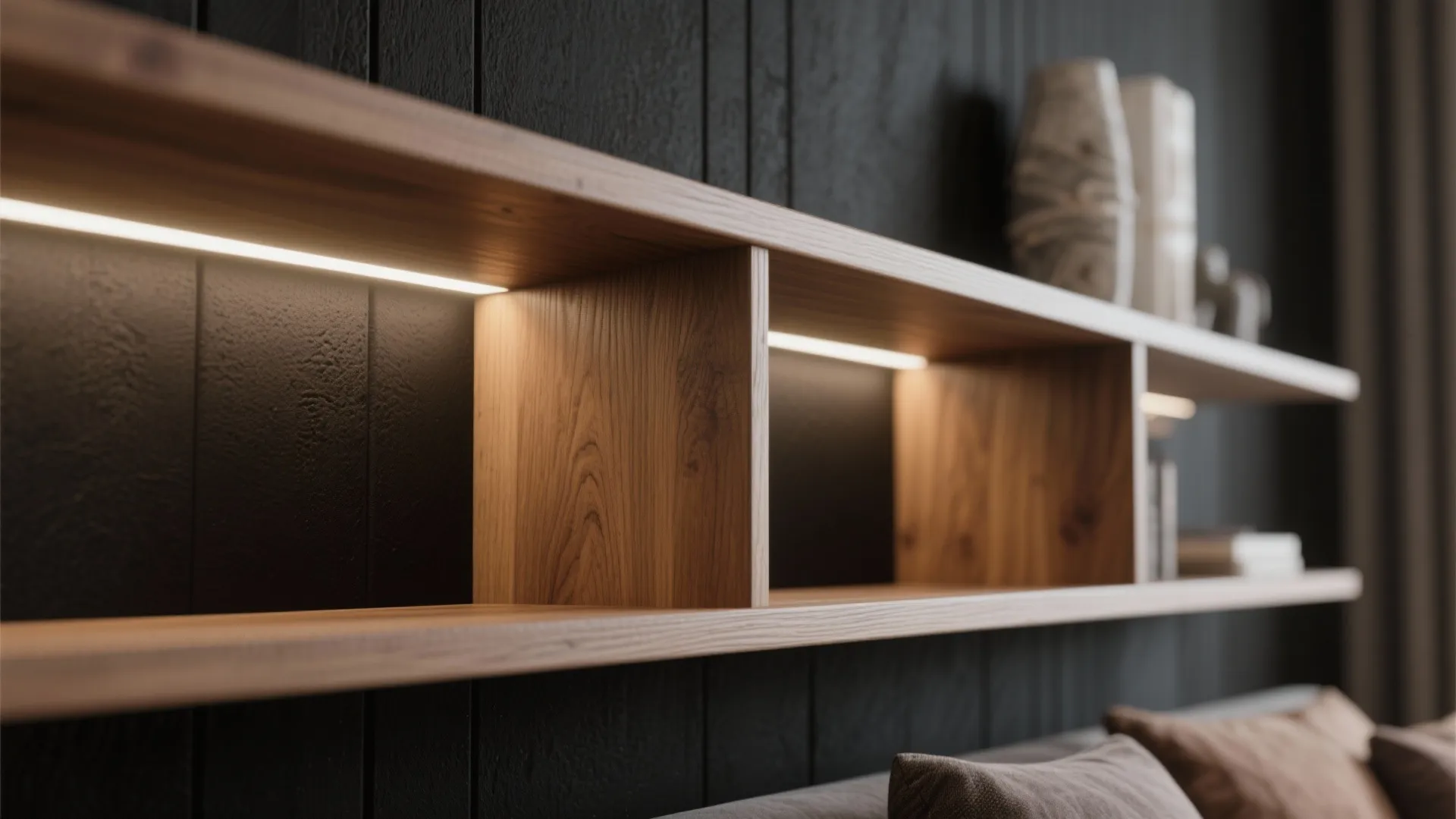 1. Matte black with warm wood contrast