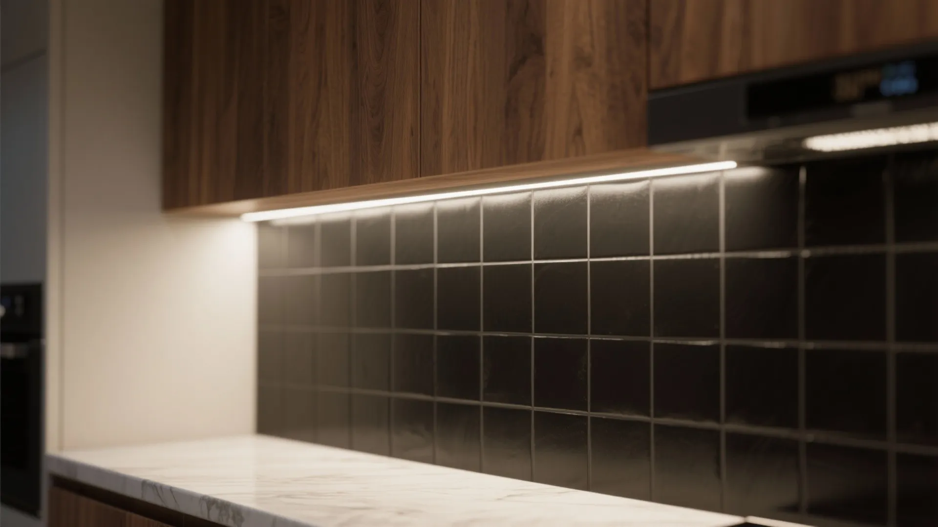 1. Matte black tile with warm wood