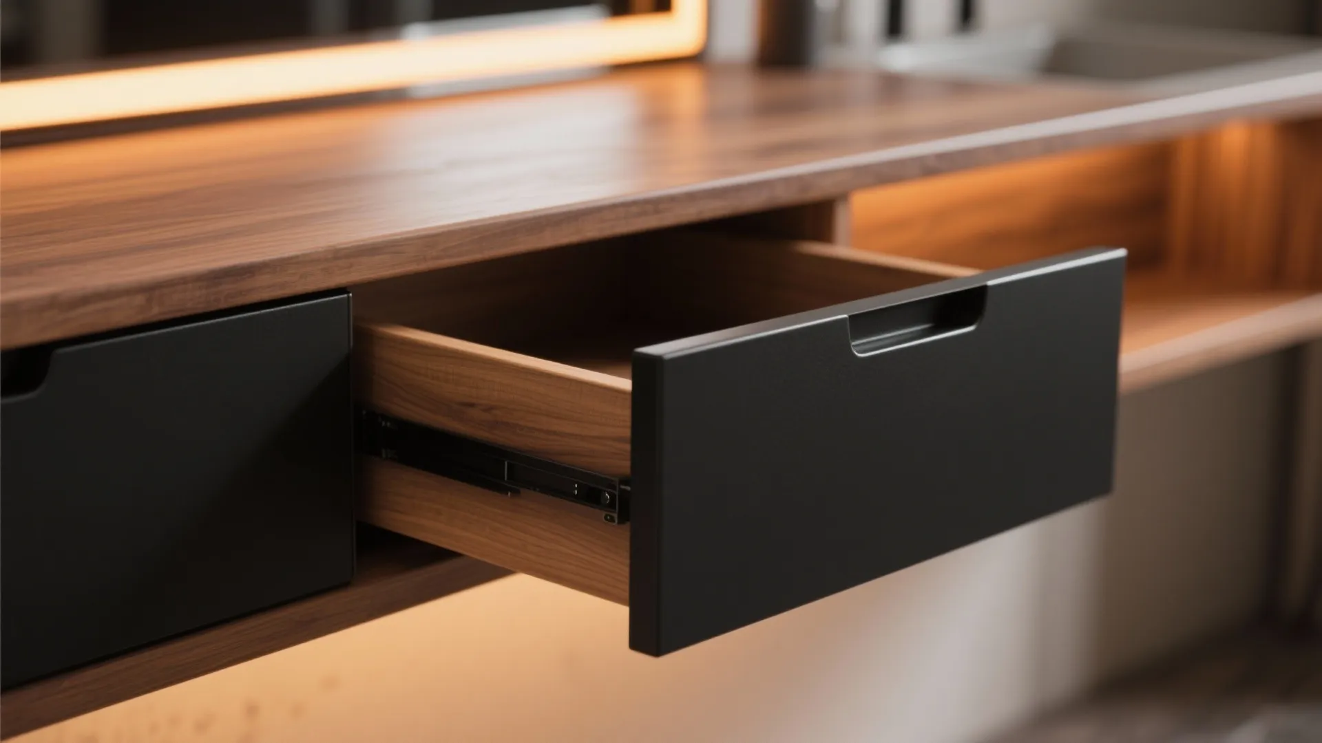 1. Matte black 30" vanity with warm wood accents