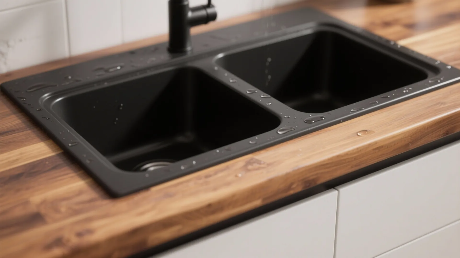 1. Matte black with warm wood countertops