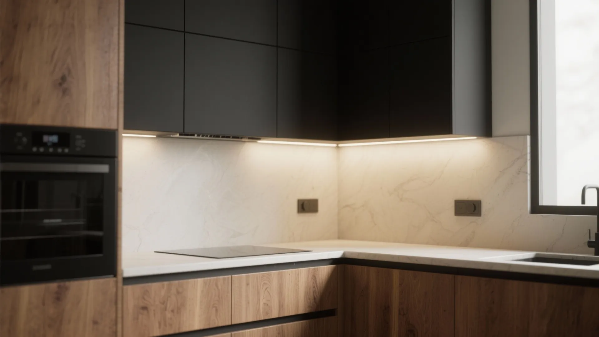 Modern kitchen with matte black upper cabinets wood lower cabinets marble backsplash and integrated strip lighting