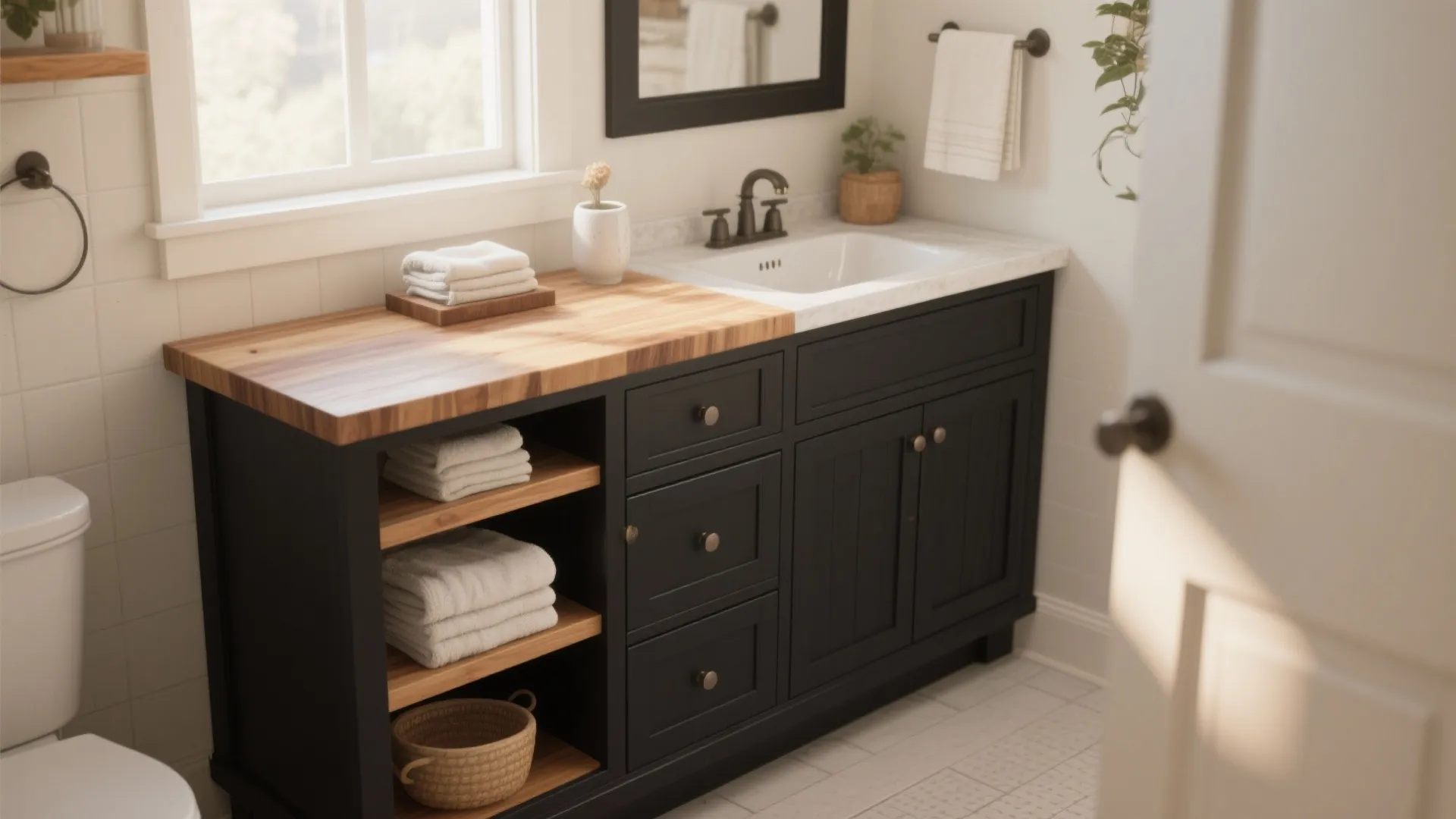 1. Matte black shaker with warm wood accents