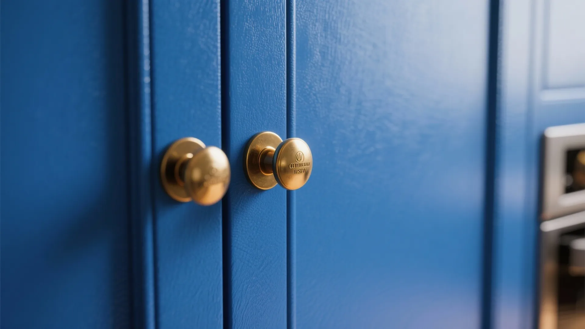 Close up of blue kitchen cabinet doors featuring small round gold metal handles and textured finish