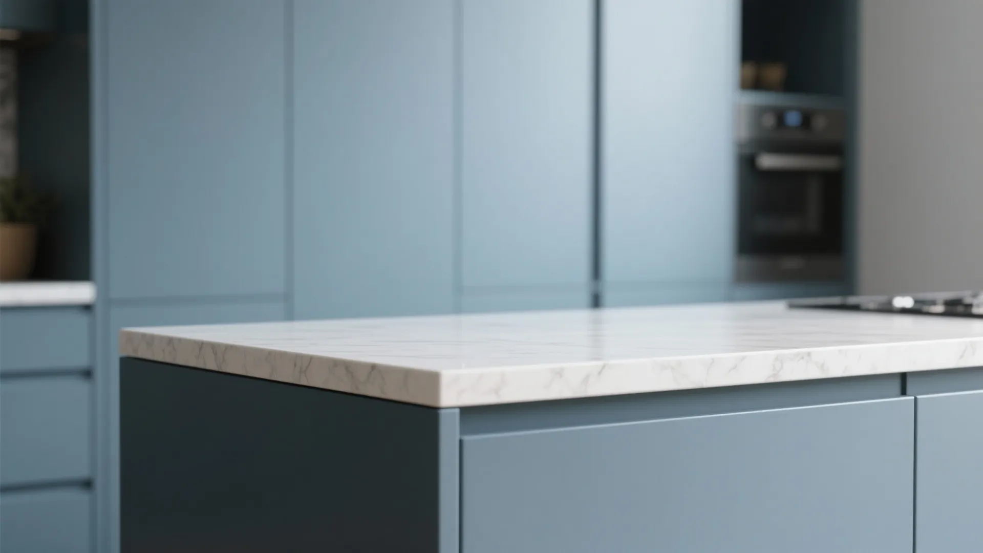 1. Soft Matte Blue-Grey for Scaled-Down Kitchens