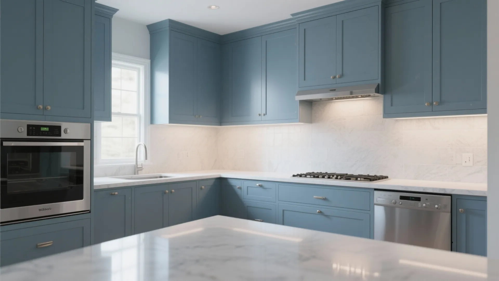 5. Matte Blue Shaker with Integrated Appliances