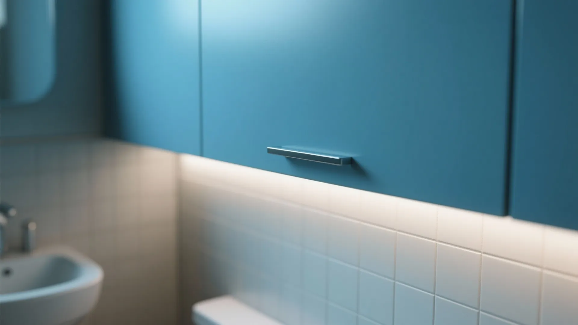Modern blue bathroom cabinet with silver handle above white wall tiles and a small sink