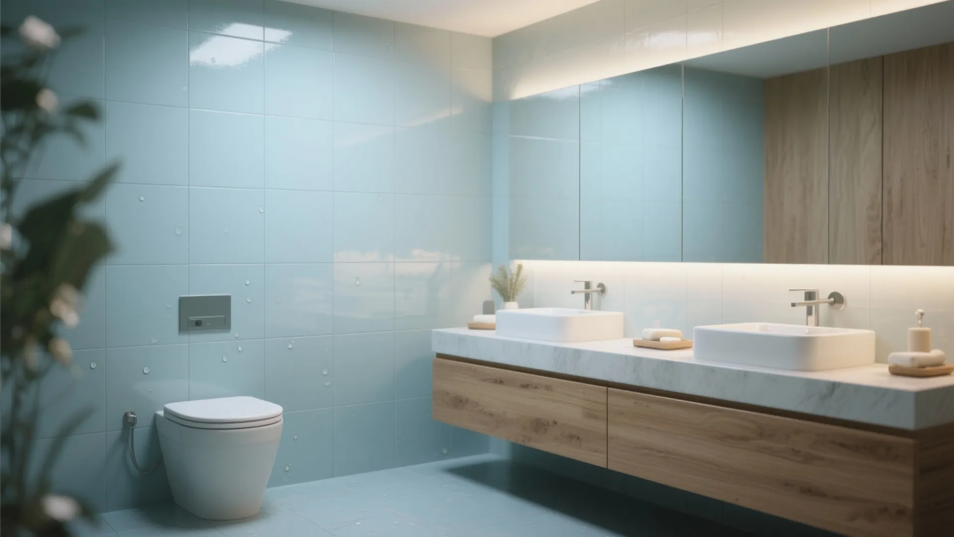 Modern bathroom with light blue wall tiles white toilet wooden cabinet and double sinks with mirror