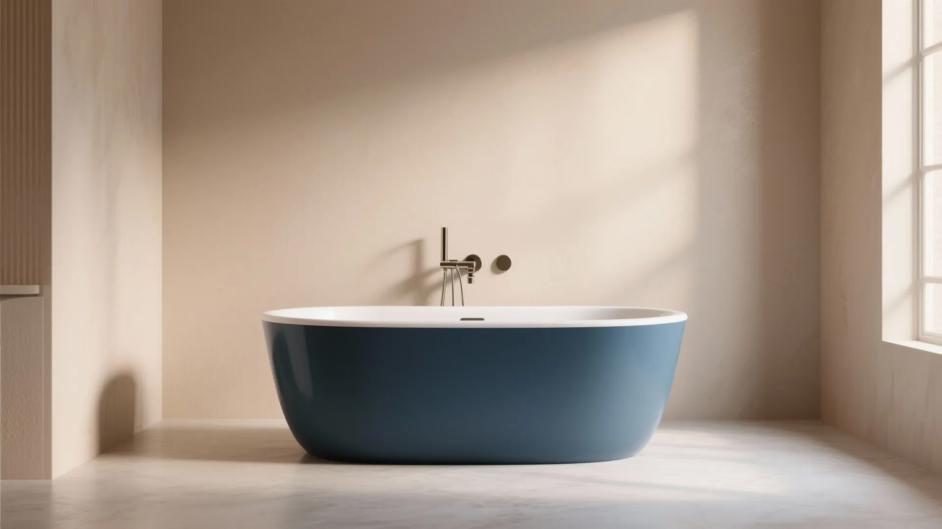 Modern minimalist bathroom featuring a matte blue bathtub against beige walls with warm natural light