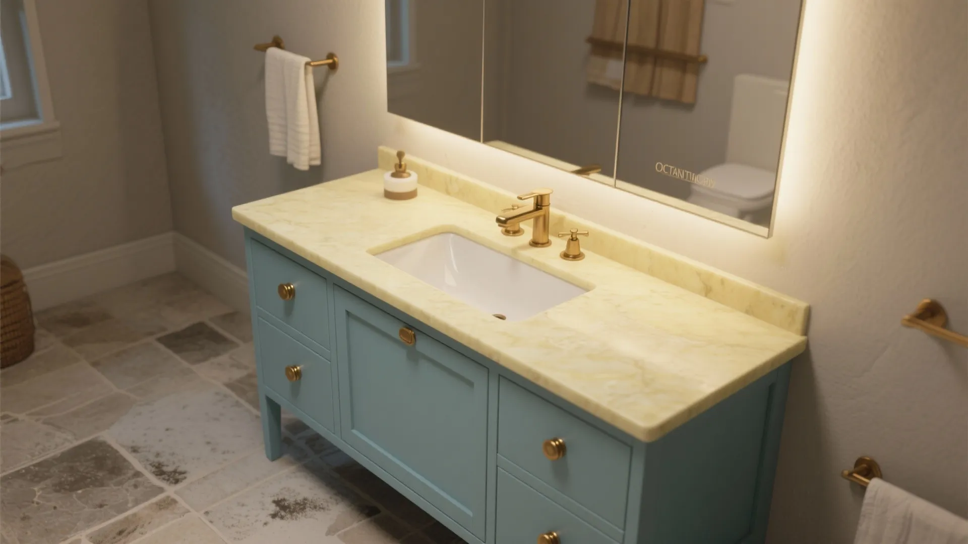 4. Matte Blue Vanity with Brass Hardware