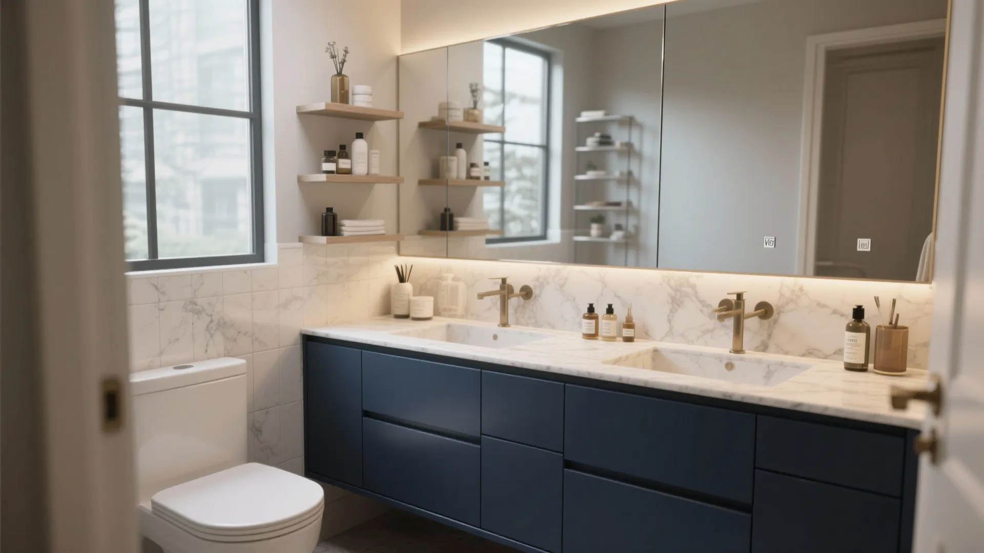 3. Matte Blue Cabinets + Beige Stone