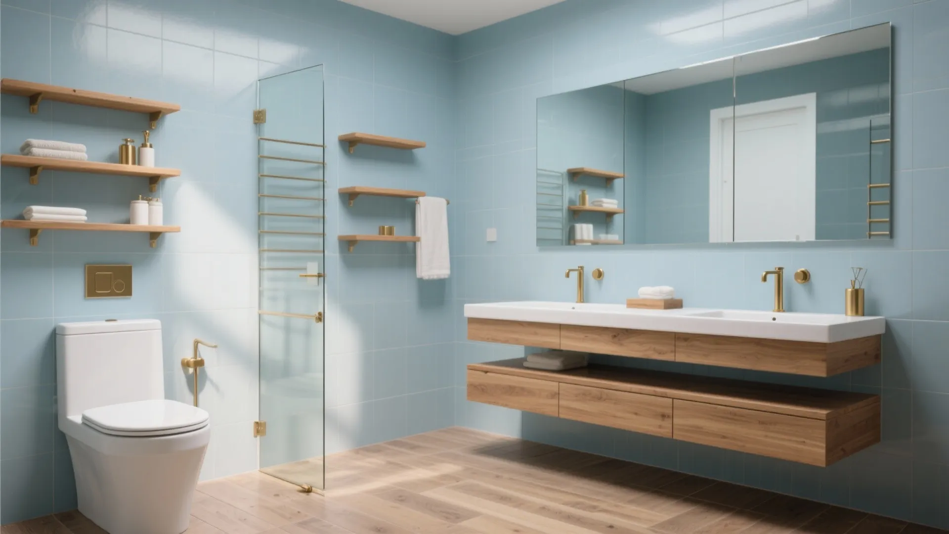 Modern bathroom with blue tiles wooden floating cabinet double sinks large mirror and a white toilet