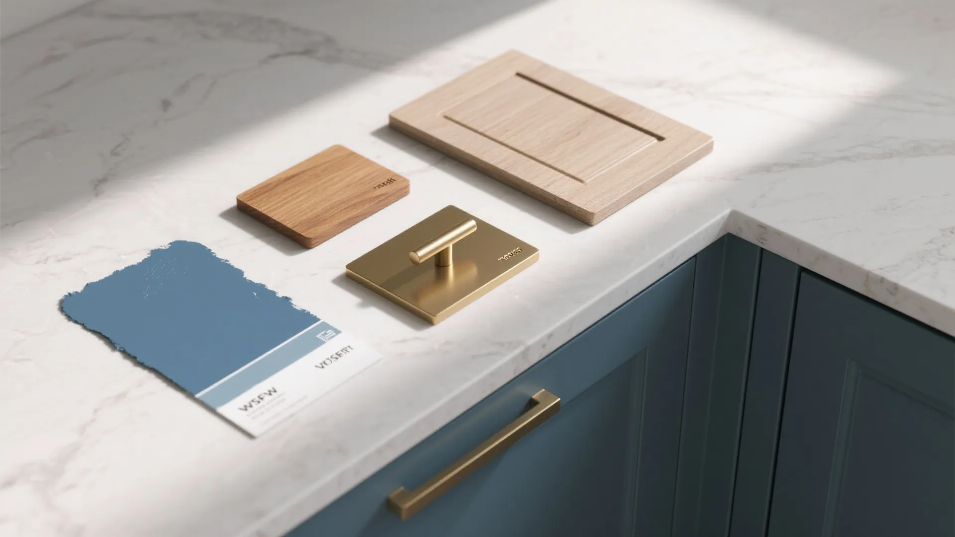 Blue kitchen cabinet with gold handles featuring wood samples and paint swatch on white marble countertop