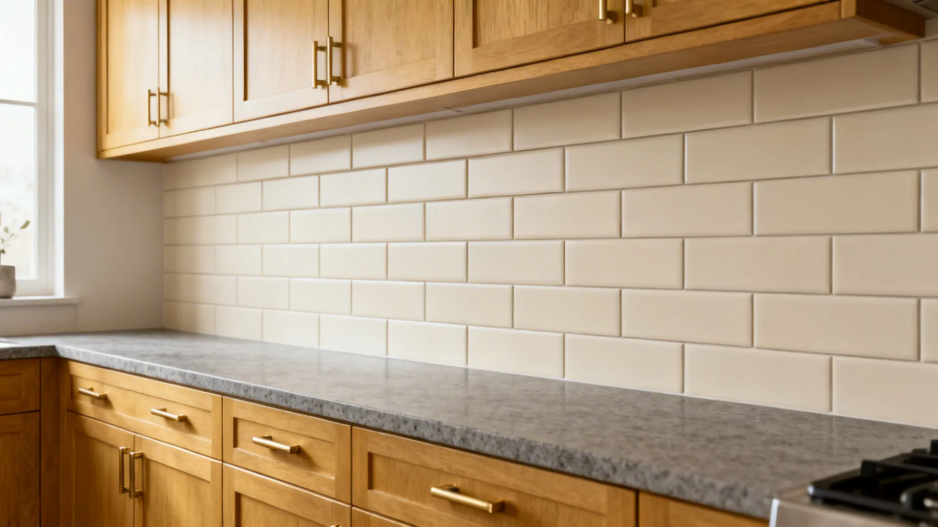 Oak cabinets with matte bone subway tiles stacked vertically for a timeless look.