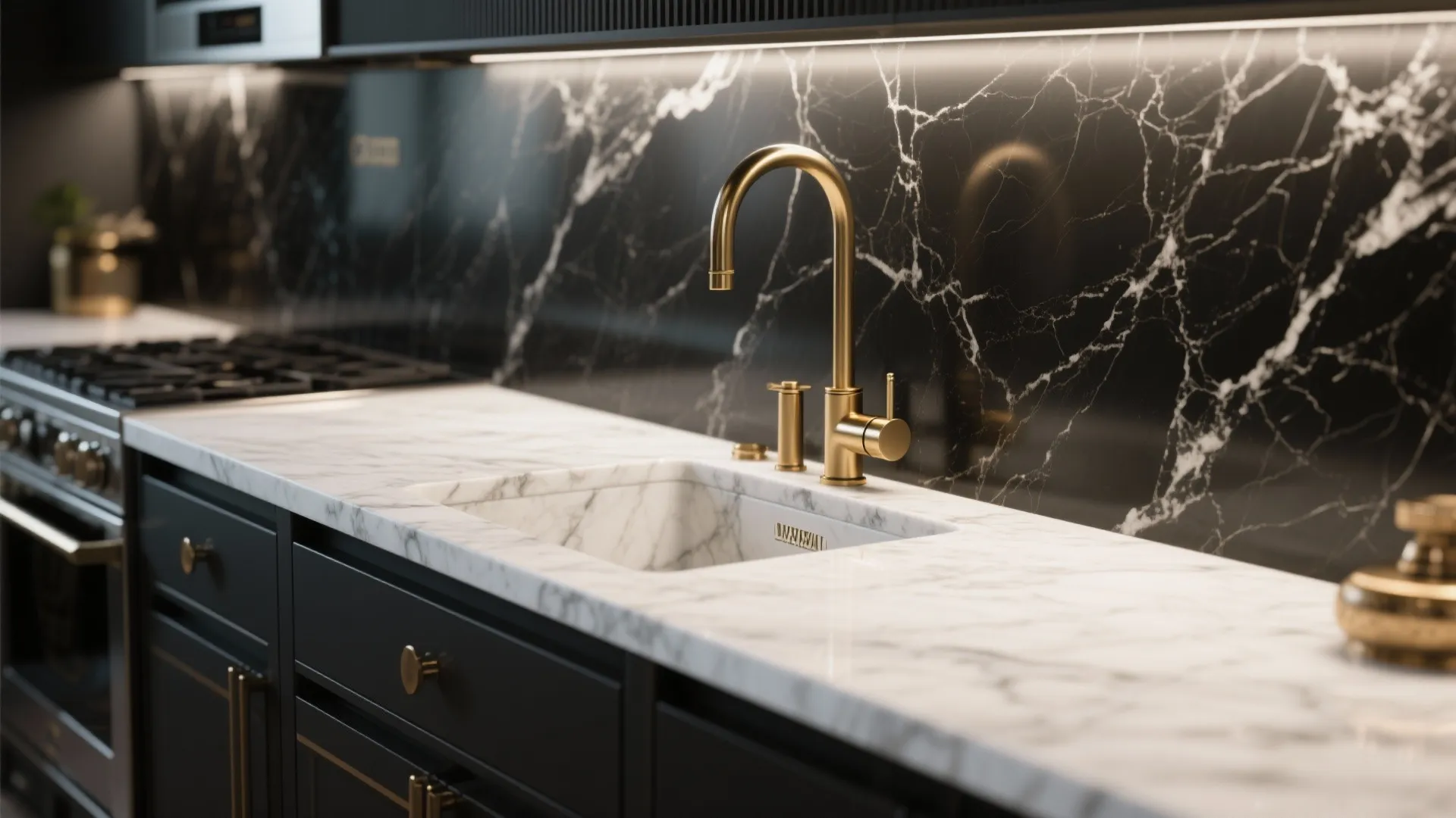 Modern gold faucet over white sink with black marble wall panel and dark kitchen cabinets