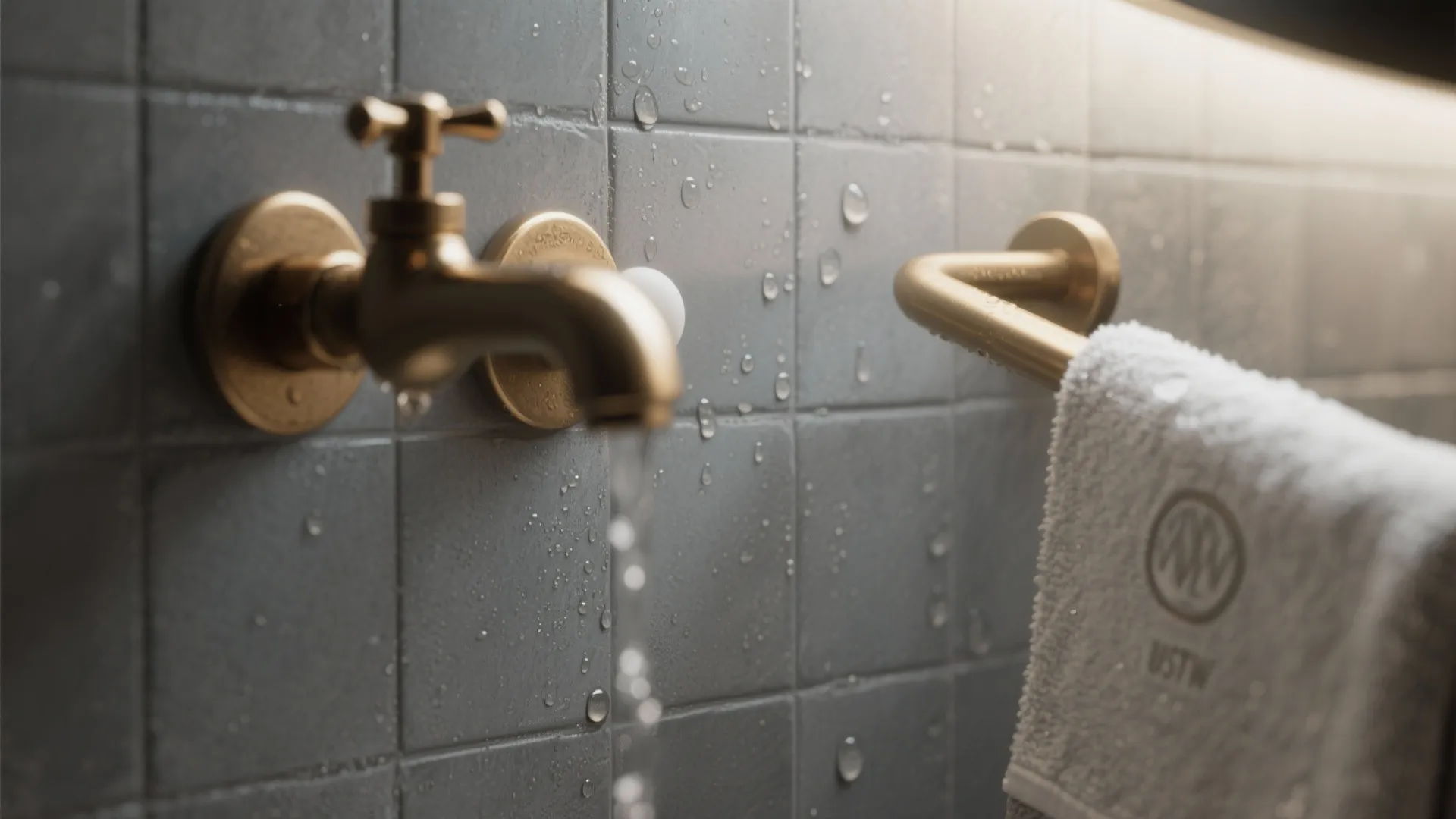 2. Matte grey tiles + brass hardware for a luxe contrast