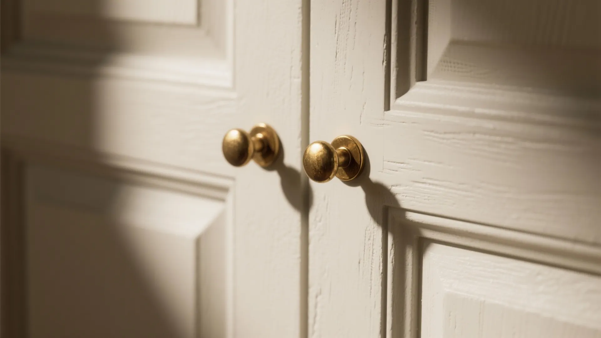 Close-up of matte off-white cabinet door with brushed brass hardware highlighting texture and warm metal contrast.