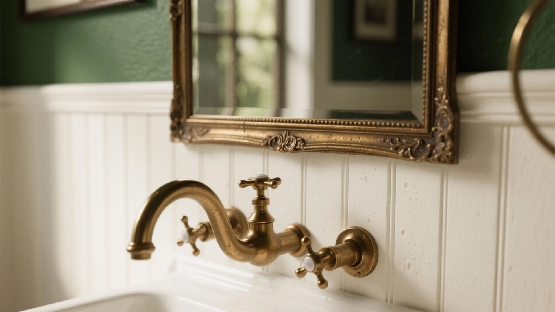 Close up of gold water tap and framed mirror against white wall panel and green