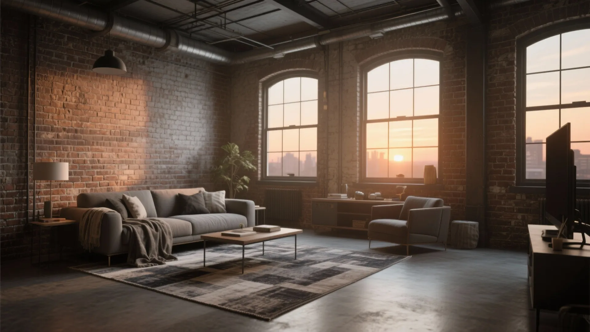 Industrial style living room with red brick walls grey sofa large windows and warm sunset light