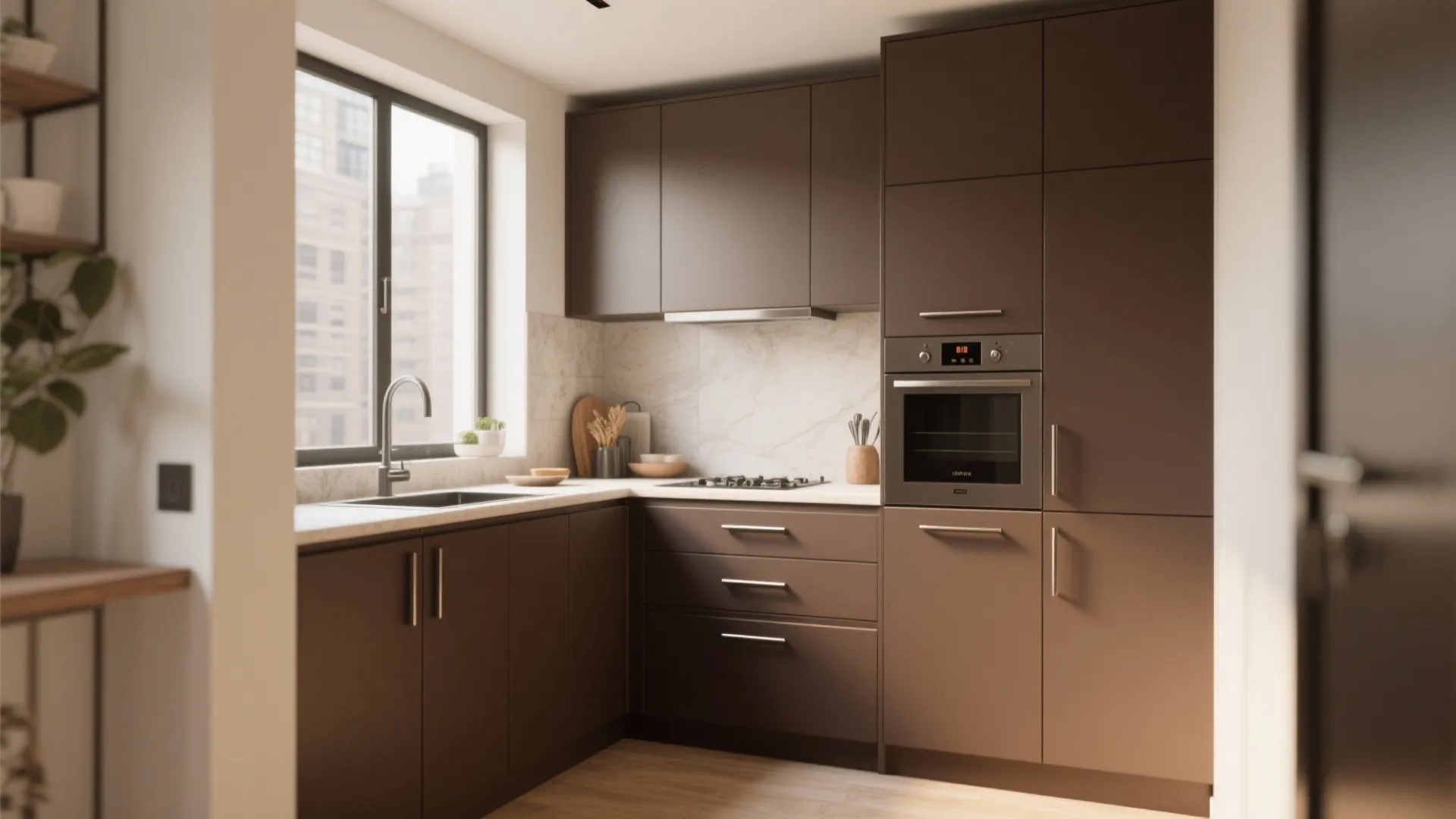 Small corner kitchen design with matte brown cabinets built in oven sink and large bright window