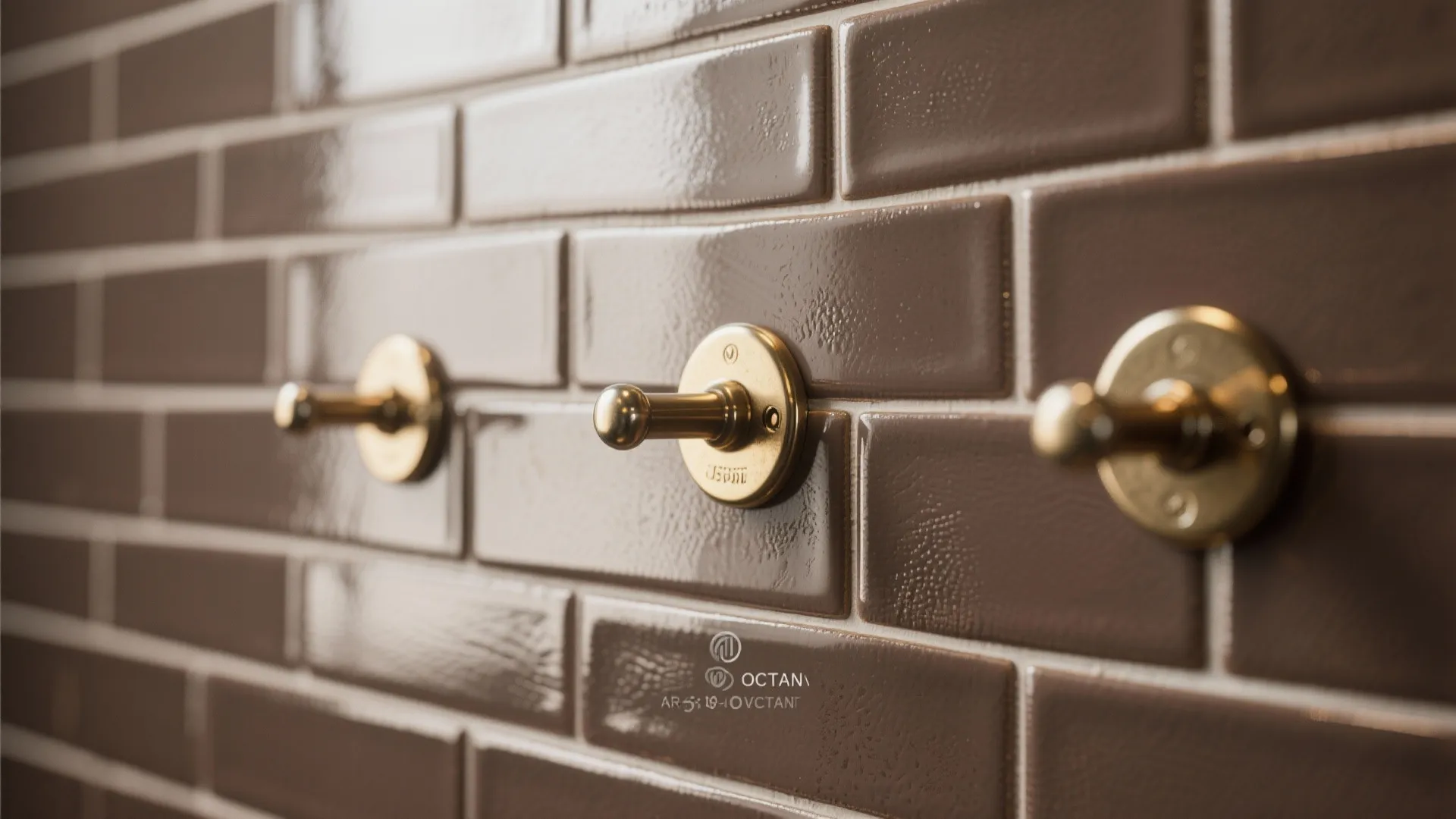 Glossy brown wall tiles featuring three gold metal wall hooks for towels in modern bathroom