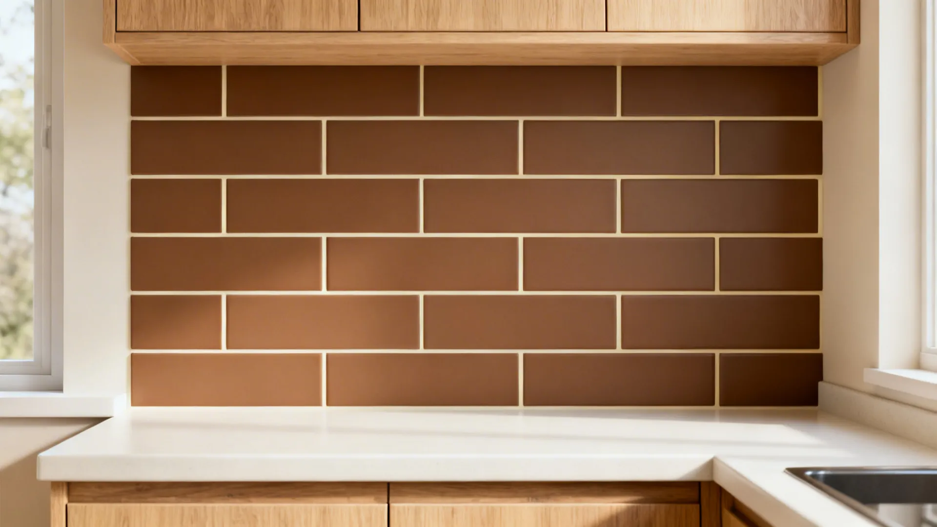 Matte brown subway tile backsplash with cream grout and light oak cabinets in a small kitchen.