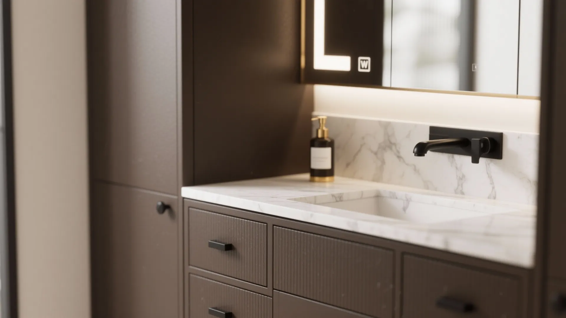 Matte brown vanity with white quartz countertop and modern hardware