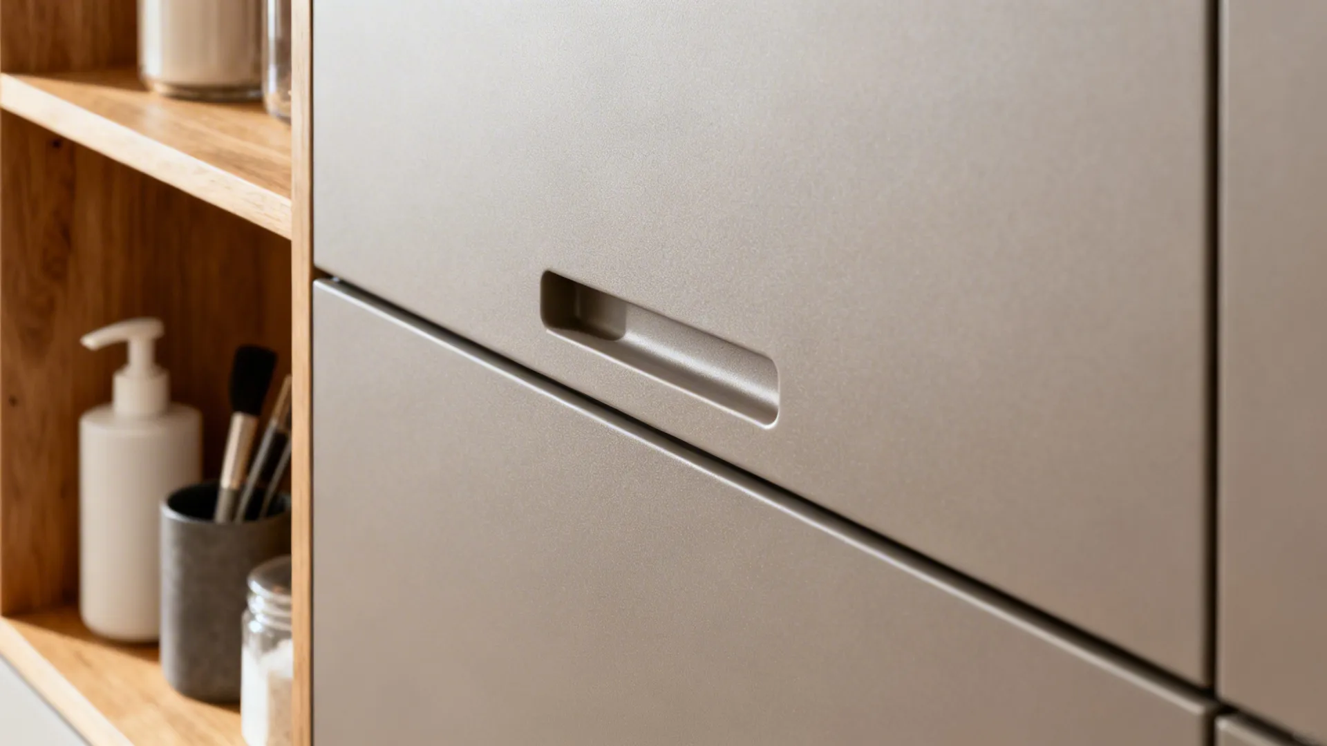 Close up of matte grey kitchen cabinet drawer with recessed handle next to wooden shelves