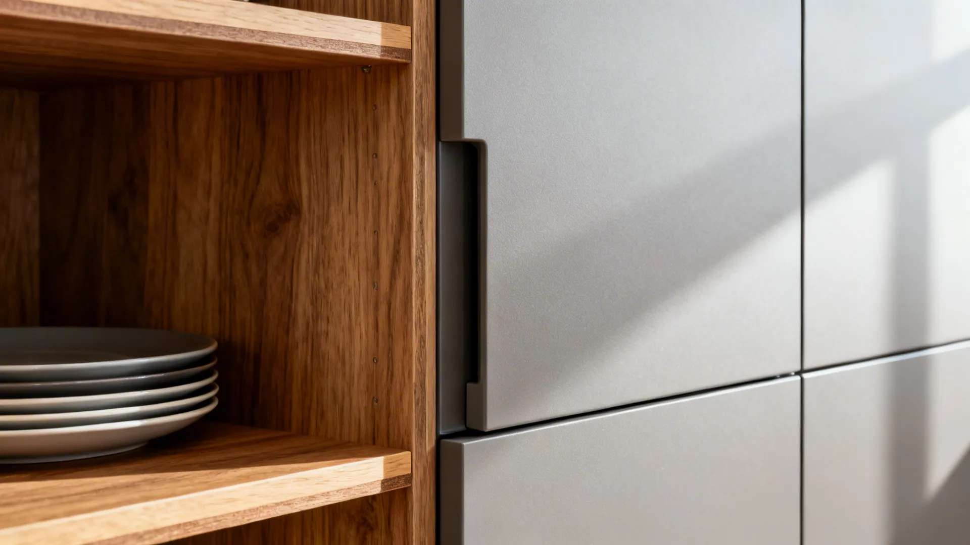 Close up of grey matte cabinets with hidden handles beside wooden shelves holding white plates