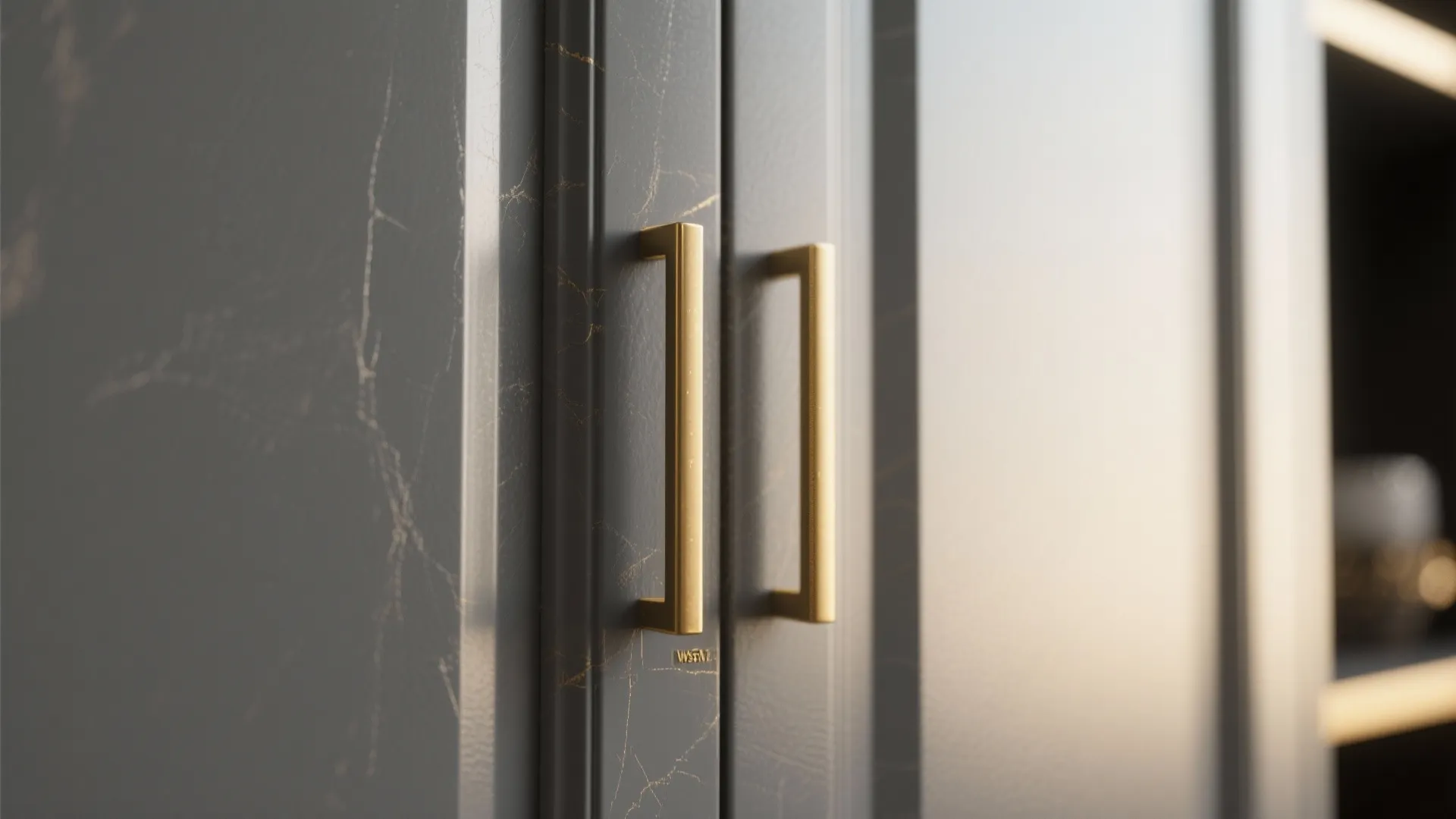 Matte gray cabinet with a polished gold pull highlighting texture contrast.