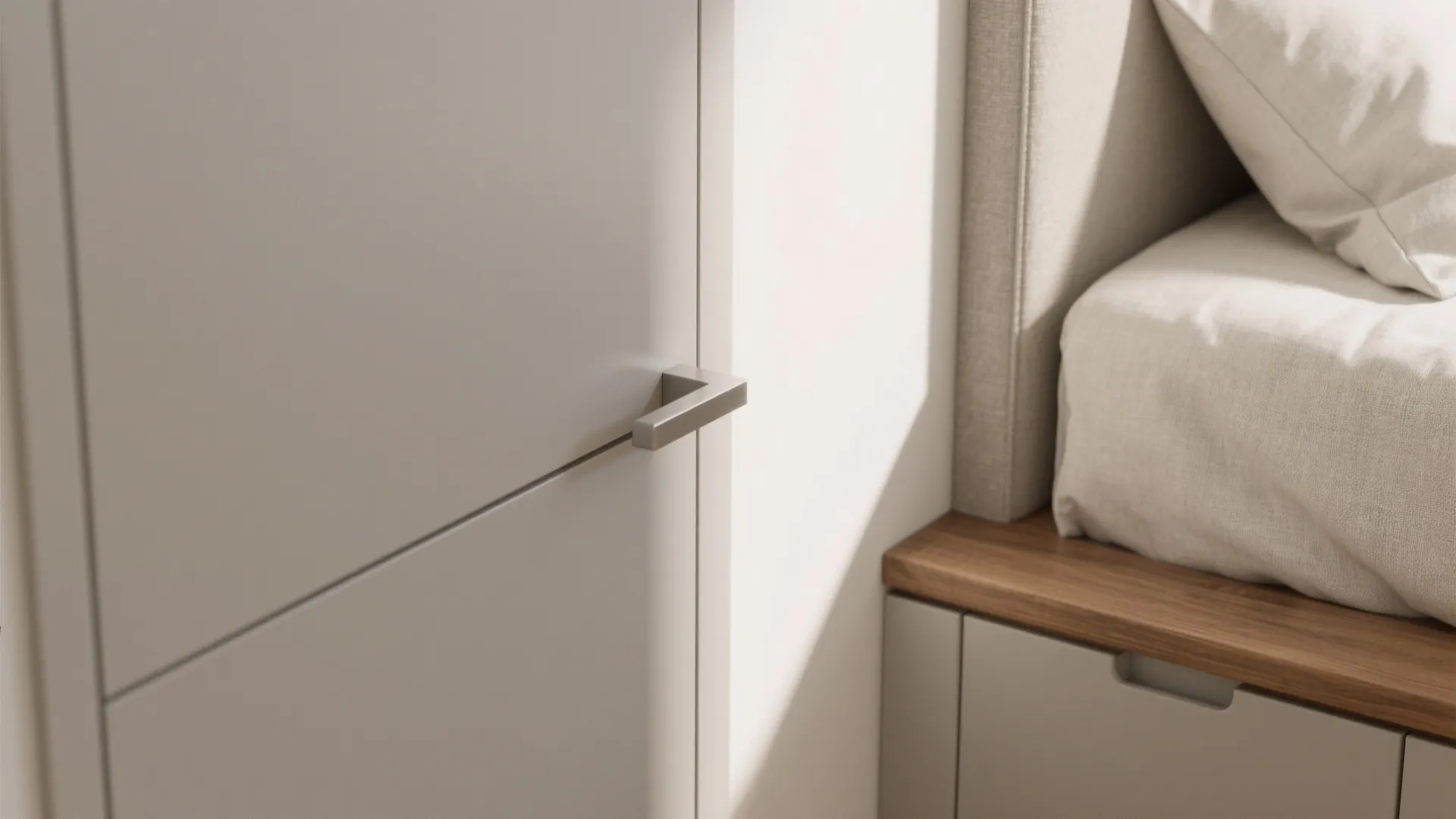 Light gray cabinet door with metal handle next to soft bed and warm wood surface