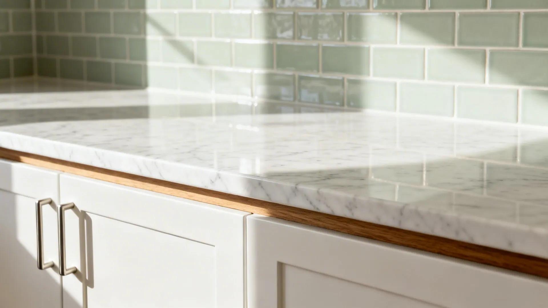 Macro of matte white cabinet with slim pull and veined quartz beside soft-sheen sage tile.