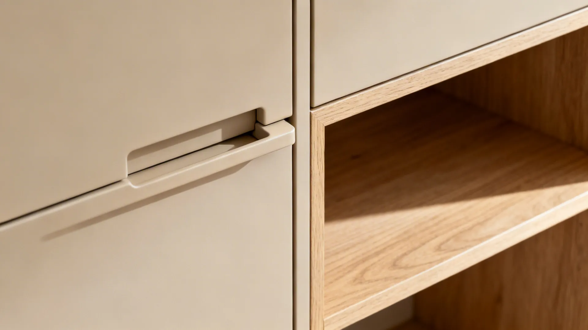 Close-up of beige kitchen cabinet with a built-in handle and open wooden shelves for storage