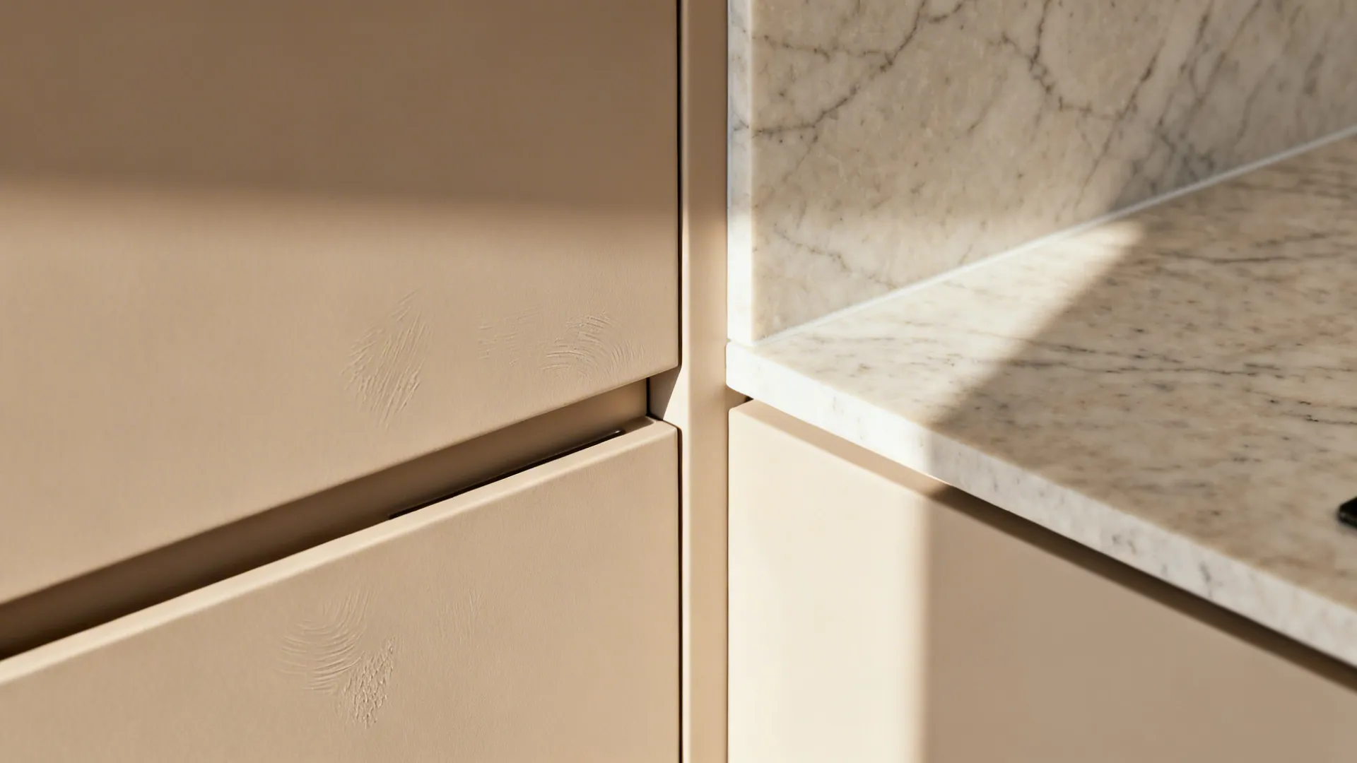 Macro of super-matte handleless cabinet door and quartz backsplash texture.