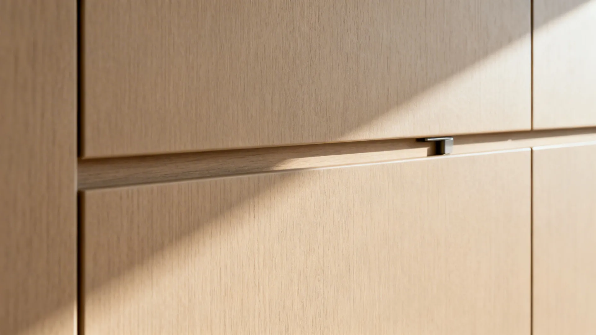 Macro view of matte handleless cabinet door with subtle groove and fine texture.