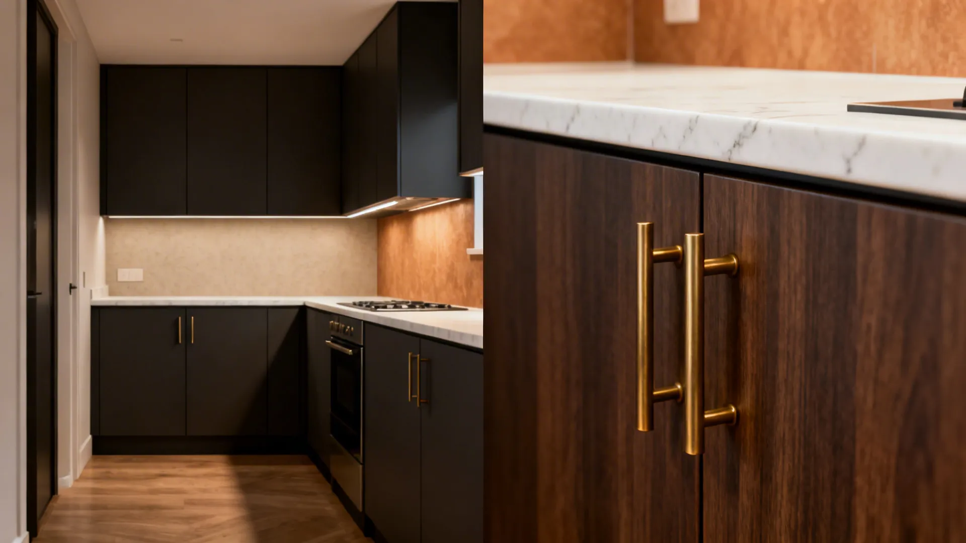 Before-and-after showing matte dark cabinets transformed with brass pulls and slim white quartz.