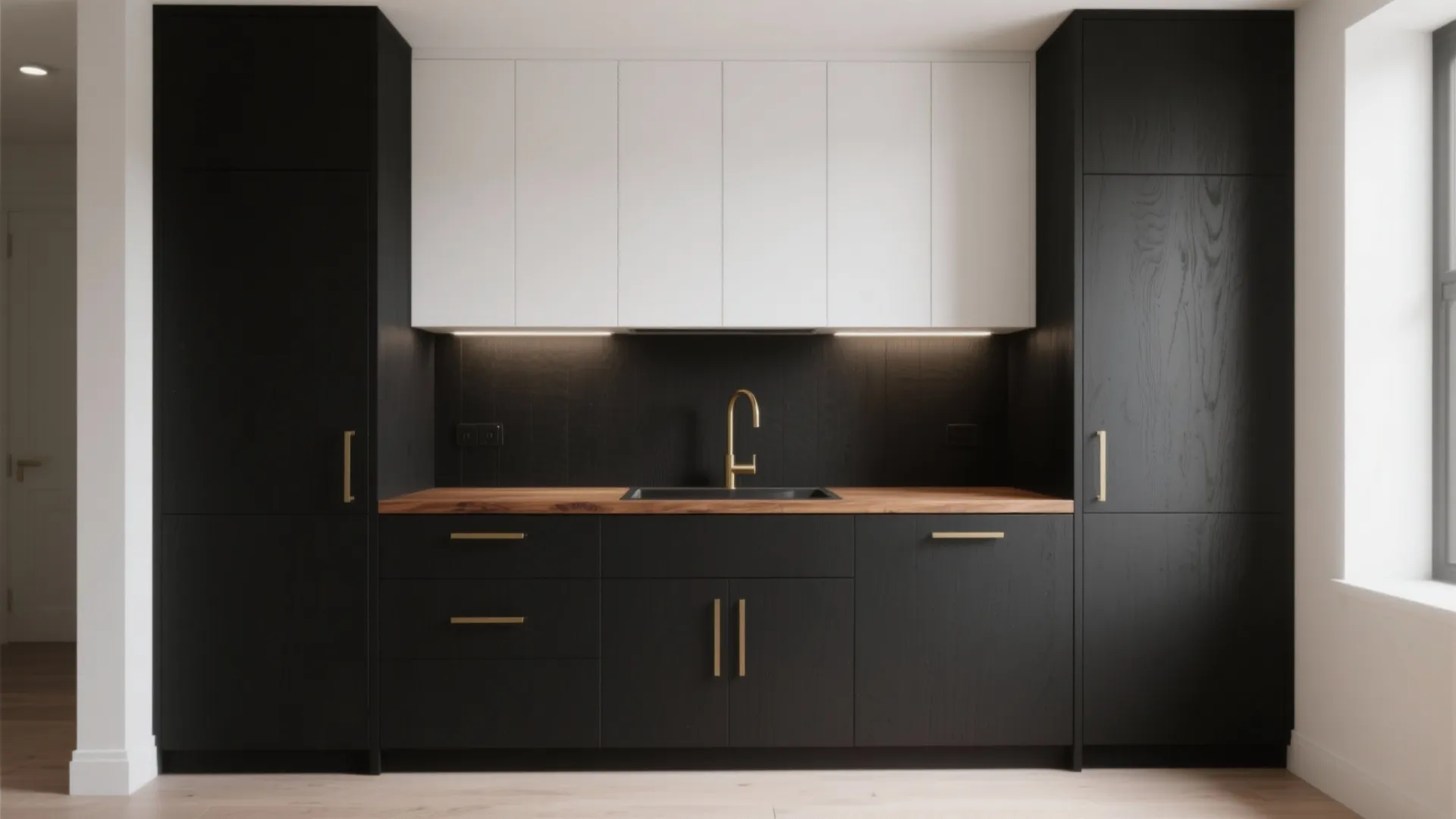 Modern kitchen with black and white cabinets gold handles wooden countertop sink and warm underlight